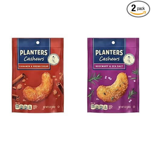 PLANTERS Cashews Cinnamon & Brown Sugar and Rosemary & Sea Salt- Trail Mix Snack Packs, Snack Pack, Party Trail Mix, 10 Oz, 2 Bags (5 Oz Per Flavor)