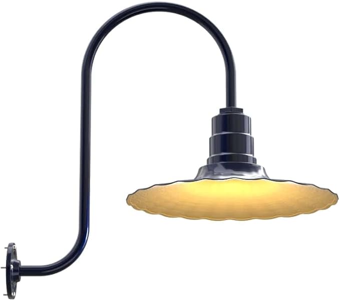 Steel Lighting Co. Highland Park Barn Light | Outdoor Wall Mounted | 16 inch Radial Wave | Upward Sloping Gooseneck | Vintage Style Made in America | Navy Blue Exterior/Brass Interior