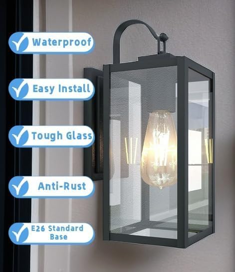 WISBEAM 2 Pack 13.75in Black Outdoor Wall Sconce, Dusk to Dawn Outdoor Wall Light, E26 Base 60W Max, Metal Housing Plus Glass, ETL Qualified, Bulbs not Included