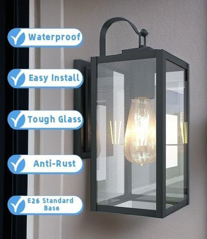 WISBEAM 2 Pack 13.75in Black Outdoor Wall Sconce, Dusk to Dawn Outdoor Wall Light, E26 Base 60W Max, Metal Housing Plus Glass, ETL Qualified, Bulbs not Included