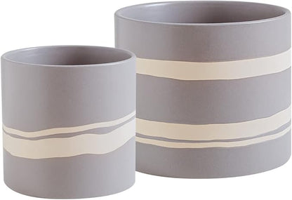 Nihow Modern Ceramic Plant Pot - 5 + 7 Inch Flower Pot for All Indoor Plants - Sturdy Planter Pots with Drainage Hole & Rubber Plugs - Semi-Matte Gray & Nature - Plants Not Included