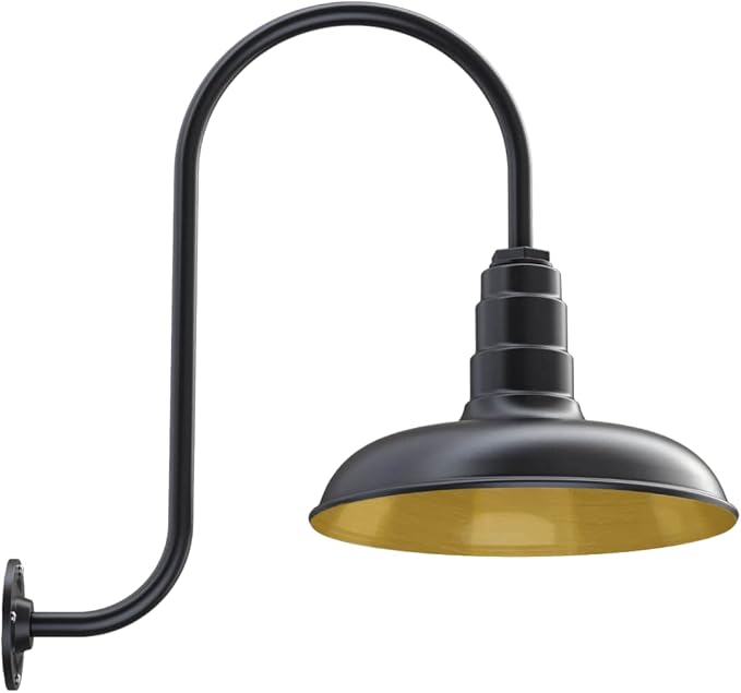 Steel Lighting Co. Topanga Barn Light | Outdoor Wall Mounted | Farmhouse Garage Light Made in America | 14 inch Dome | Upslope Gooseneck | Matte Black Exterior/Brass Interior