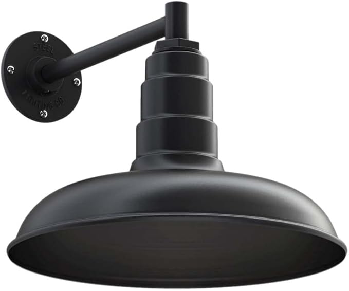 Steel Lighting Co. Topanga Barn Light | Outdoor Wall Mounted | Farmhouse Garage Light Made in America | 14 inch Dome | 11 inch Straight Arm | Matte Black Exterior/Matte Black Interior