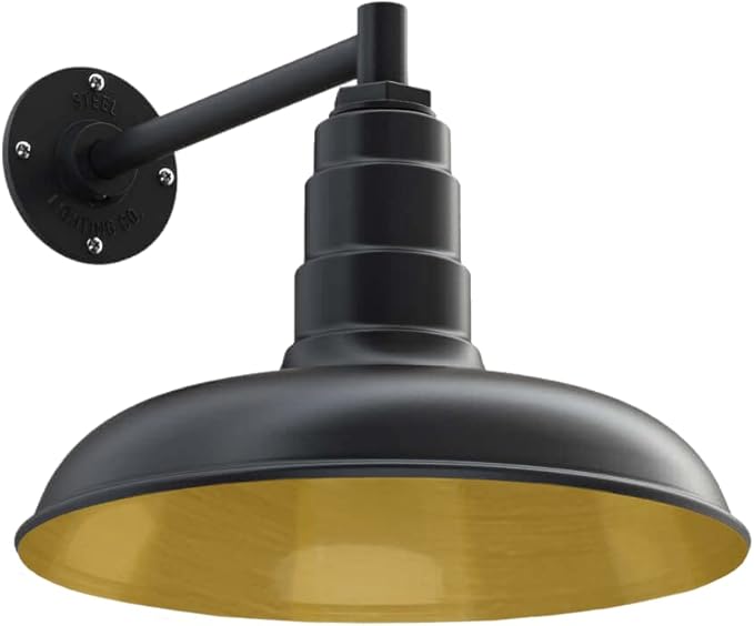 Steel Lighting Co. Topanga Barn Light | Outdoor Wall Mounted | Farmhouse Garage Light Made in America | 14 inch Dome | 11 inch Straight Arm | Matte Black Exterior/Brass Interior