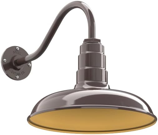 Steel Lighting Co. Topanga Barn Light | Outdoor Wall Mounted | 14 inch Dome | 16" Gooseneck | Farmhouse Garage Light Made in America | Dark Bronze Exterior/Brass Interior
