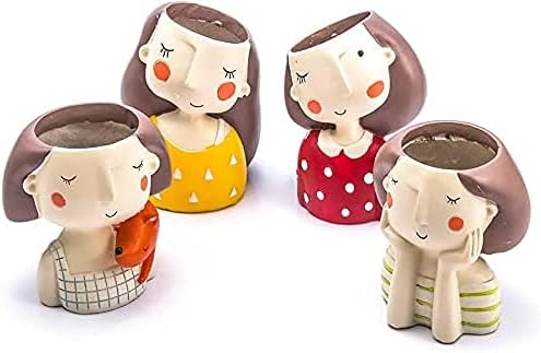 Resin Planter Combo Pack of 4 Dreaming Yellow Girl Design,Polka Red Dress Girl,Thinking Girl, Girl W/ Squirrel Succulent Pot Home & Garden Decor