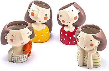 Resin Planter Combo Pack of 4 Dreaming Yellow Girl Design,Polka Red Dress Girl,Thinking Girl, Girl W/ Squirrel Succulent Pot Home & Garden Decor