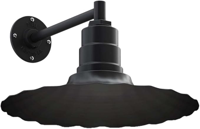 Steel Lighting Co. Highland Park Barn Light | Outdoor Wall Mounted | 16 inch Radial Wave | 11 inch Straight Arm | Vintage Style Made in America | Matte Black Exterior/Matte Black Interior