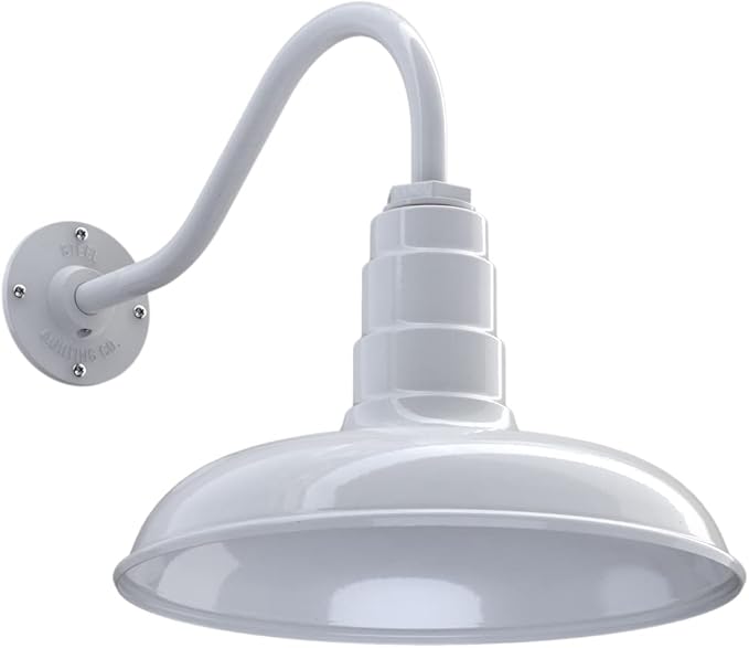 Steel Lighting Co. Topanga Barn Light | Outdoor Wall Mounted | Farmhouse Garage Light Made in America | 14 inch Dome | 16 inch Gooseneck | White Exterior/White Interior