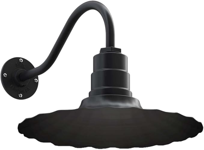 Steel Lighting Co. Highland Park Barn Light | Outdoor Wall Mounted | 16 inch Radial Wave | 16 inch Gooseneck | Vintage Style Made in America | Matte Black Exterior/Matte Black Interior