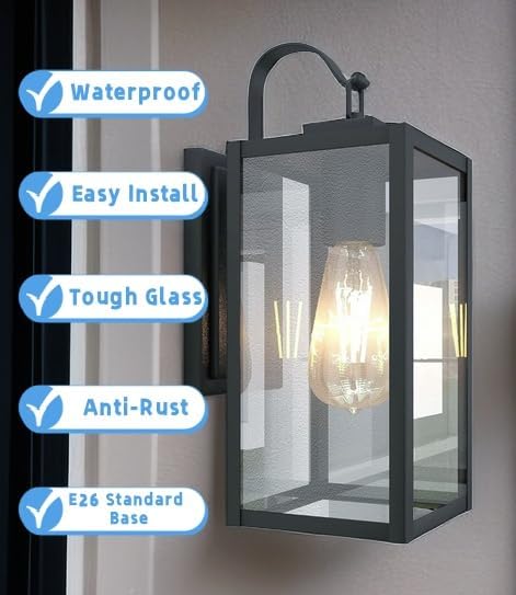 WISBEAM 13.7in Black Outdoor Wall Lantern, Dusk to Dawn Outdoor Wall Sconce, E26 Base 60W Max, Metal Housing Plus Glass, ETL Qualified, Bulbs not Included
