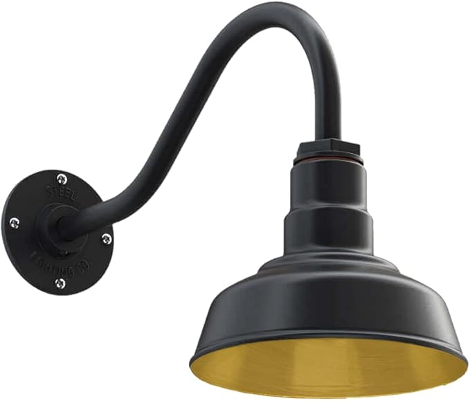 Steel Lighting Co. | Dusk to Dawn | Hawthorne Barn Light | Outdoor Wall Mounted | 8 in Dome | 16 inch Gooseneck| Small Farmhouse Light Made in America | Matte Black Exterior/Brass Interior
