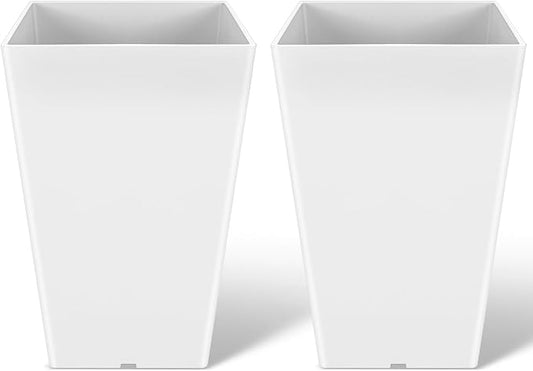 Set of 2 15.75 Inch Large Taper Planters Outdoor Indoor Tall Resin Flower Pots with Drainage Holes Modern for Front Door Patio Backyard Plants(White)