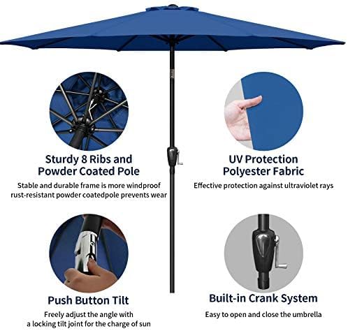 Simple Deluxe 9FT Outdoor Patio Umbrella UV-Protection Table Umbrella with Push Button 8 Ribs Tilt/Crank Waterproof Market Umbrella for Garden, Backyard, Pool, Deck, Blue