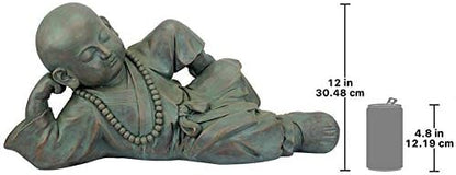 Design Toscano Resting Serene Baby Monk Asian Boy Garden Statue, 24 inches Wide, 12 inches Tall, Cast Stone Resin, Green Bronze Finish