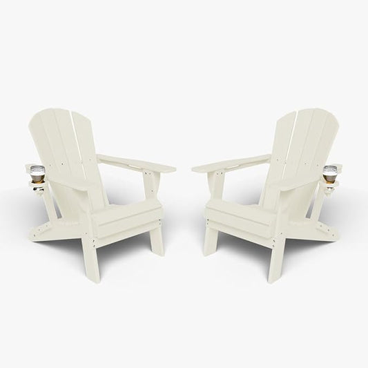 Folding Adirondack Chair with Cup Holders Set of 2, HDPE Plastic Outdoor Chairs, Weather Resistant, Real Wood Look for Patio, Deck, Fire Pit, Backyard, White