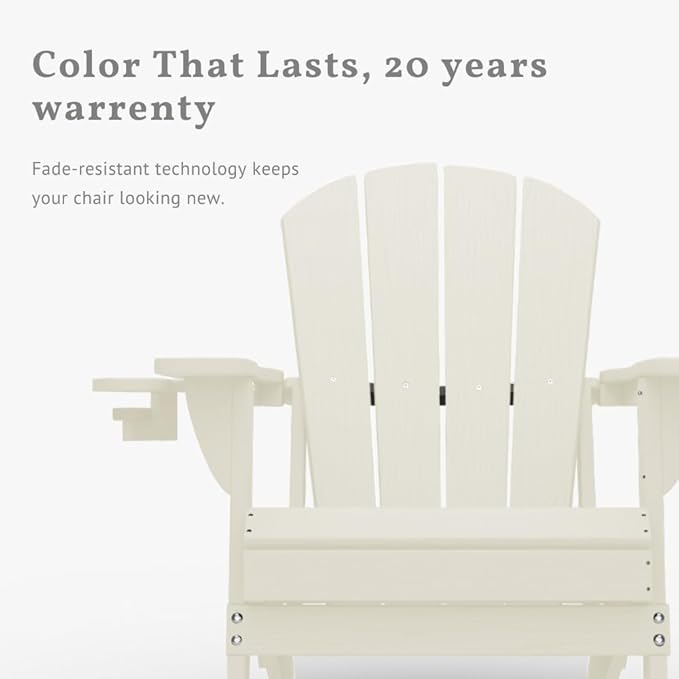 Folding Adirondack Chairs with Cup Holders, Set of 6 HDPE Plastic Outdoor Chairs, Weather Resistant, Real Wood Look, Heavy-Duty Patio Furniture for Deck, Fire Pit, Backyard, White
