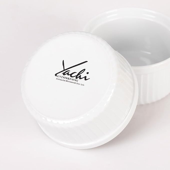 Yachi White Souffle Ramekins: 4oz 6 Pieces Ceramic Baking Ramekin Set Oven Safe Porcelain Bakeware Serving for Sauces Dipping Onion Soup Lava Cake Flan Creme Brulee Pudding Mini Custard