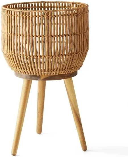 13.2 Inch Round Brown Resin Rattan Planter with Stand - Acacia Wood Legs, Steel Frame, Plastic Insert - Indoor/Covered Outdoor Use (13.5" Diameter x 21.8" H)