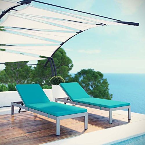 Modway Shore Aluminum Outdoor Patio Two Chaise Lounge Chairs with Cushions in Silver Turquoise