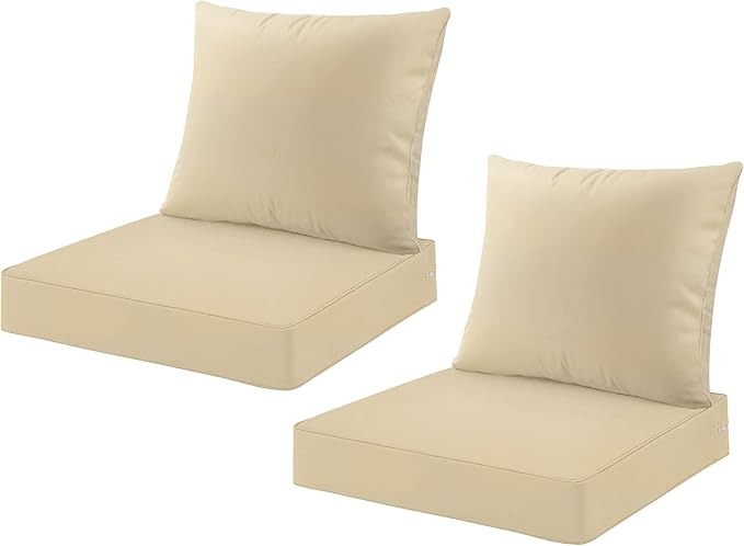 ARTPLAN Deep Seat Cushion with Backrest Set of 2 - All-Weather Outdoor Sofa Cushions for Sectionals-Polyester Fabric, Waterproof-High-Resilience Foam for Patio, Backyard Garden,Beige
