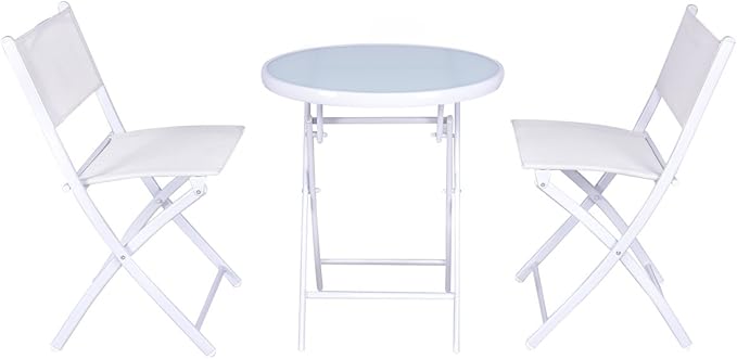 Giantex Bistro Table Set, 3 Piece Patio Bistro Set, Outdoor Folding Table and Chairs, Foldable Patio Dining Set, Porch Furniture Set Garden Backyard Metal Frame No Assembly, White