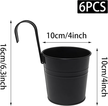 6 Pcs Hanging Flower Pots with Detachable Hooks,Metal Iron Bucket Planter for Railing,Fence,Balcony Garden Decor,4INCH,Black
