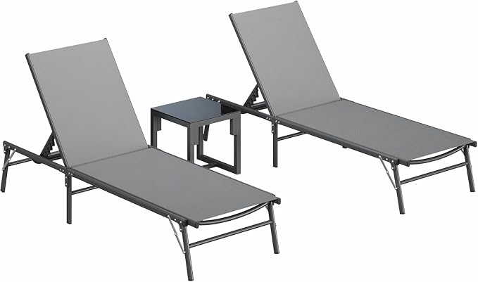 Amopatio Outdoor Lounge Chairs Poolside Chaise Lounge for Patio Set of 2 | with Side Table Foldable Stackble Fully Assembled Weather Resistant 5-Position Adjustable Backrest 400LBS Capacity
