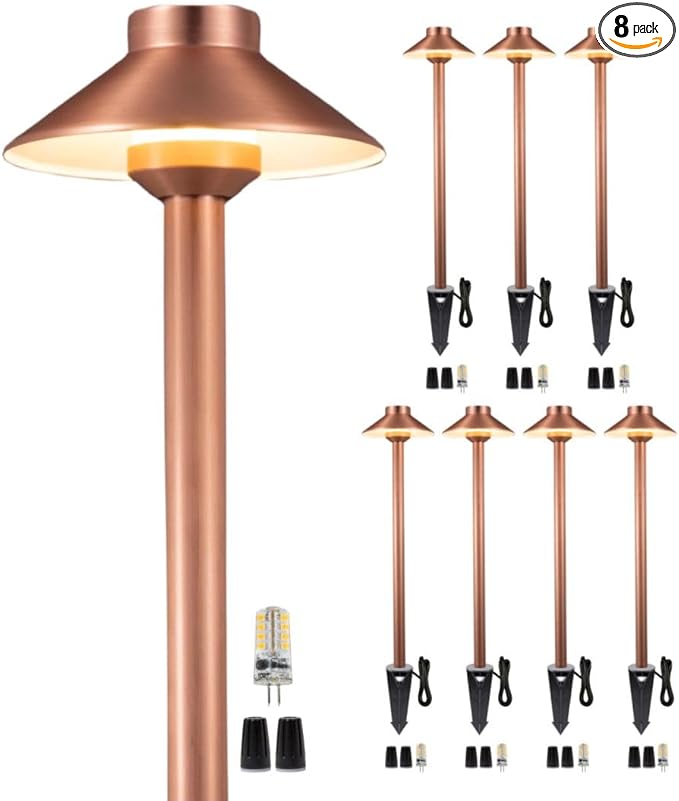Gardenreet Brass Low Voltage Copper Garden Lights, Outdoor Pathway Light, 12V LED AC/DC Bronze Hat Top Path Lamp for Sideway House Walkway with 3W 270LM 5000K G4 Bulb 8 Pack