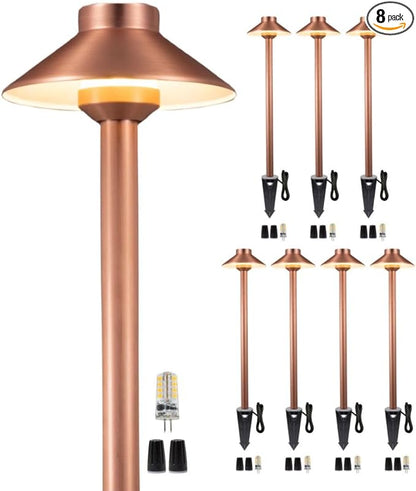 Gardenreet Brass Low Voltage Copper Garden Lights, Outdoor Pathway Light, 12V LED AC/DC Bronze Hat Top Path Lamp for Sideway House Walkway with 3W 270LM 5000K G4 Bulb 8 Pack