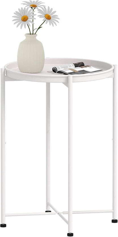 Garden 4 you Small Side Table, White Mini Round End Table, Tray Table with Metal Frame, Modern Nightstand for Living Room, Bedroom, Patio, Small Space, 1PCS