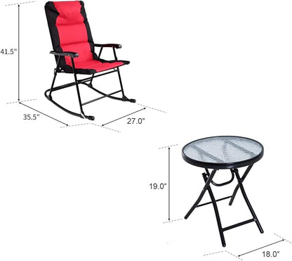 Tangkula 3-Piece Folding Bistro Set, Outdoor Rocking Chairs & Round Table, Patio Folding Furniture Set for Backyard, Garden, Poolside, Porch (Red)