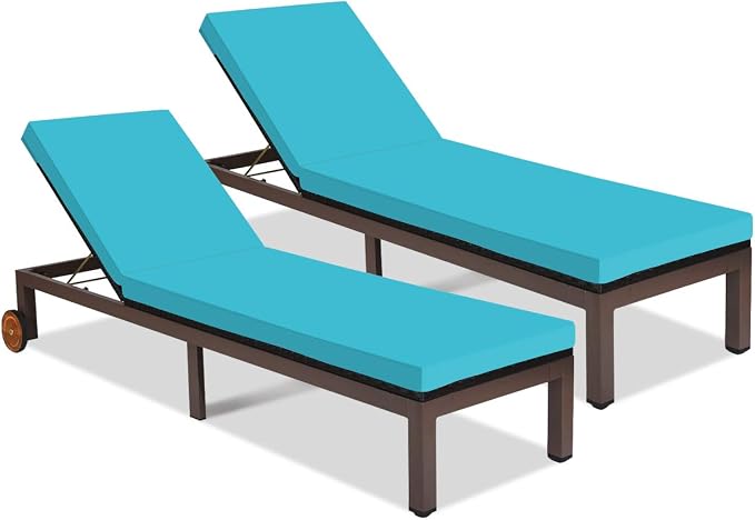 Tangkula Patio Chaise Lounge Chair, Outdoor Rattan Lounger Recliner Chair with Wheels, Wicker Chaise Chair W/Cushioned Seating, Recliner 5-Position Adjustable for Garden Patio Poolside (2, Turquoise)