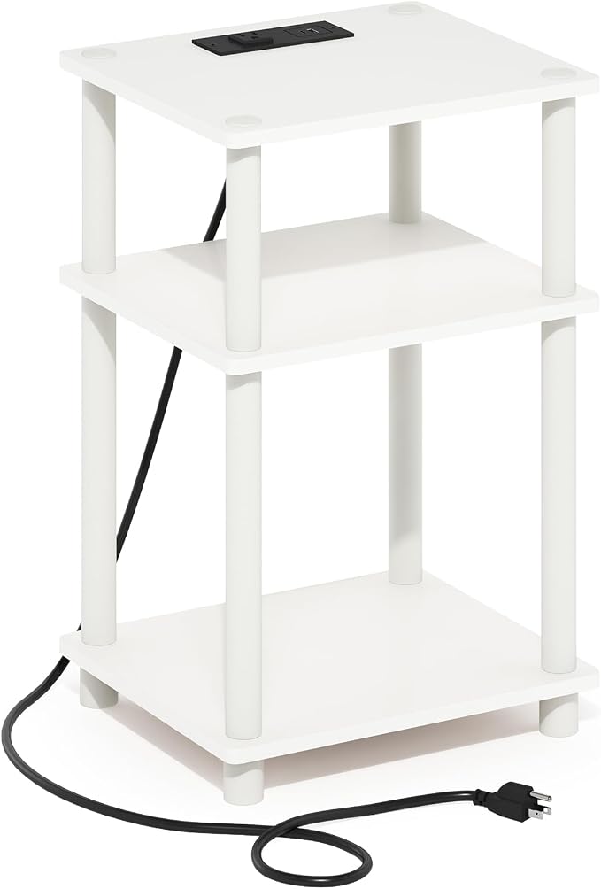 Furinno JUST Side Table, 3-Tier Modern End Table with Charging Station, Easy Assembly Night Stand, Bedside Table with USB and Type-C Port, for Living Room, Bedroom, White