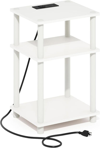 Furinno JUST Side Table, 3-Tier Modern End Table with Charging Station, Easy Assembly Night Stand, Bedside Table with USB and Type-C Port, for Living Room, Bedroom, White