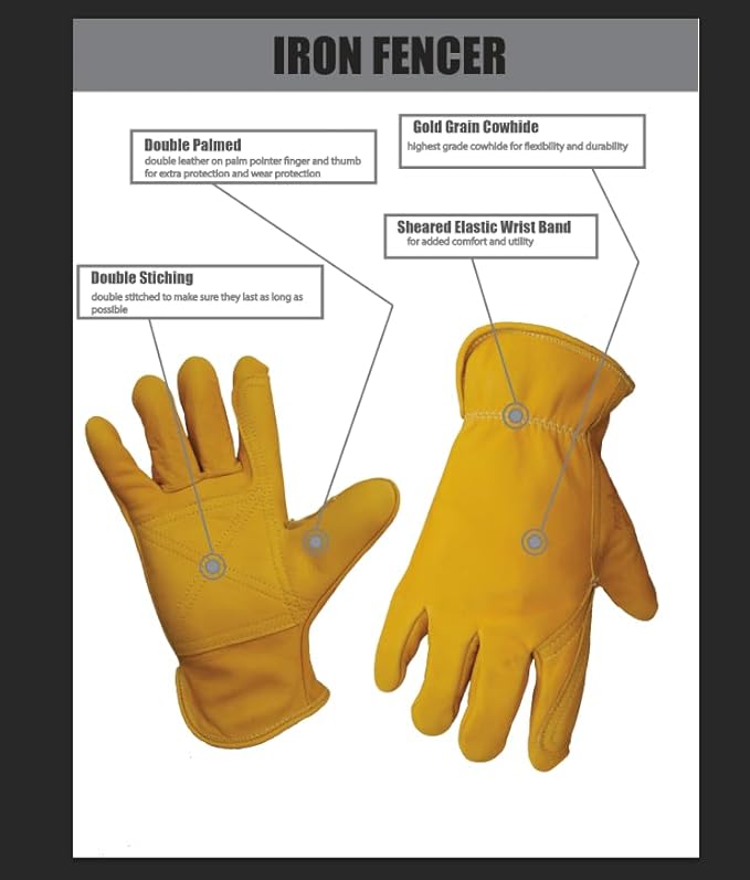Iron Fencer Leather Work Glove- 207 X-Large Cowhide Leather Fencing Gloves for Men Heavy Duty Double Palm, Guantes de Trabajo, Ranch, 207XL