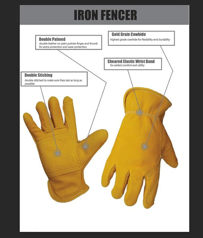 Iron Fencer Leather Work Glove- 207 X-Large Cowhide Leather Fencing Gloves for Men Heavy Duty Double Palm, Guantes de Trabajo, Ranch, 207XL