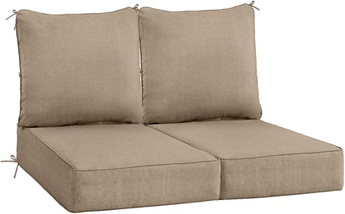 Sundale Outdoor Olefin Deep Seat Cushion Set of 2, Patio Chair Cushion and Pillow, Water-Resistant Sectional Sofa Pad with Straps Khaki, 24 x 24 x 6 Inches