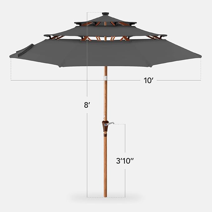 Best Choice Products 10ft 3-Tier Solar Patio Market Umbrella, Outdoor Sun Shade for Backyard, Deck, Poolside, Table w/Woodgrain Pattern, LED Lights, Tilt Adjustment - Gray