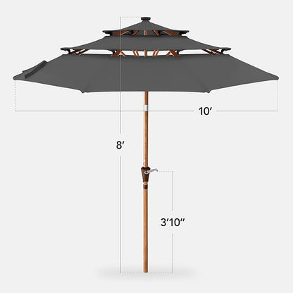 Best Choice Products 10ft 3-Tier Solar Patio Market Umbrella, Outdoor Sun Shade for Backyard, Deck, Poolside, Table w/Woodgrain Pattern, LED Lights, Tilt Adjustment - Gray