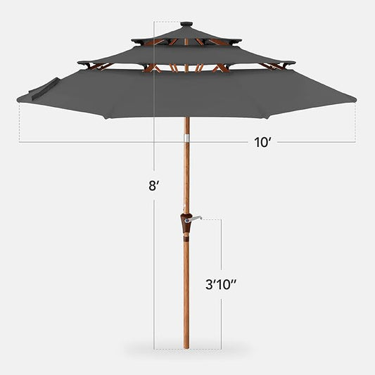 Best Choice Products 10ft 3-Tier Solar Patio Market Umbrella, Outdoor Sun Shade for Backyard, Deck, Poolside, Table w/Woodgrain Pattern, LED Lights, Tilt Adjustment - Gray