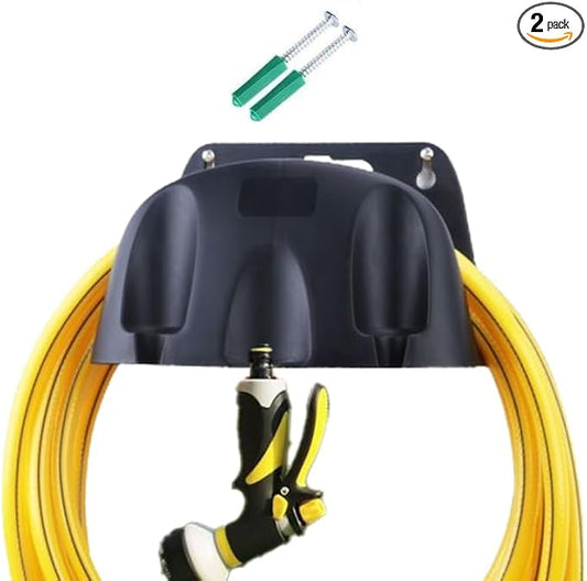 Garden Hose Reel Wall Mount Holder for Yard Organization - 2 Pack Premium Plastic Water Hose Holder, Small Setup for Garage, Holds 65' Feet Hose, Outside Storage with Pipe Hook Support