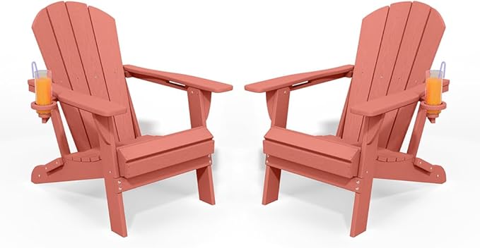 Folding Adirondack Chair with Cup Holders Set of 2, HDPE Plastic Outdoor Chairs, Weather Resistant, Real Wood Look for Patio, Deck, Fire Pit, Backyard, Coral
