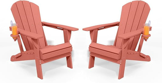 Folding Adirondack Chair with Cup Holders Set of 2, HDPE Plastic Outdoor Chairs, Weather Resistant, Real Wood Look for Patio, Deck, Fire Pit, Backyard, Coral