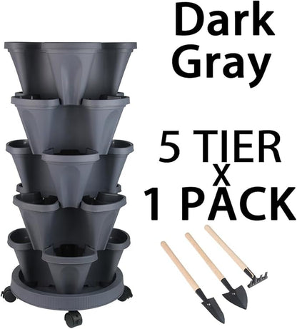 GameXcel Vertical Planter Tower- 5 Tier Stackable Garden Planter with Wheels and Tool Set – Grow Strawberries Herbs Flowers and Vegetables - Indoor Outdoor Use Dark Gray