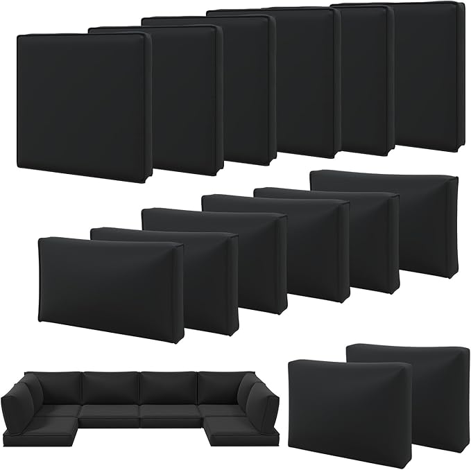 Aoxun 14pcs Patio Cushion Covers Replacement, Waterproof Outdoor Furniture Cushion Covers with Zipper and Non-Slip Bottom, Patio Sofa Couch 3 Sizes for Patio Sectional, Covers Only (Black)