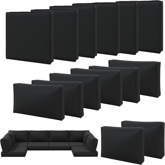 Aoxun 14pcs Patio Cushion Covers Replacement, Waterproof Outdoor Furniture Cushion Covers with Zipper and Non-Slip Bottom, Patio Sofa Couch 3 Sizes for Patio Sectional, Covers Only (Black)