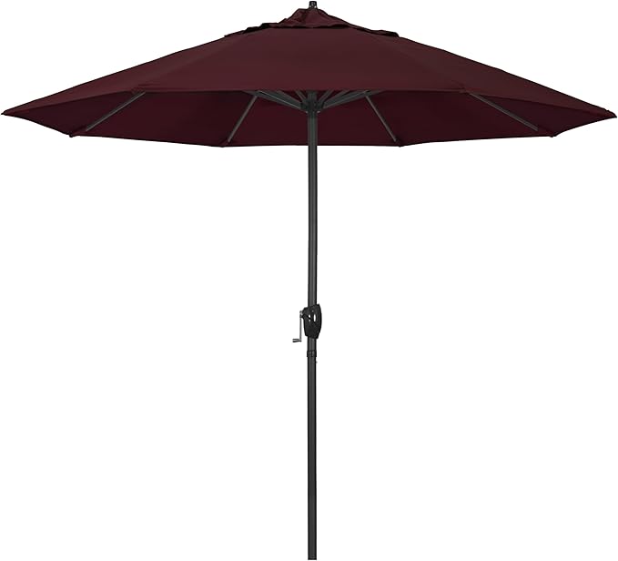 California Umbrella 9' Rd Aluminum Patio Umbrella, Crank Lift, Auto Tilt, Black Finish, 4yr Fade Warranty, Burgundy