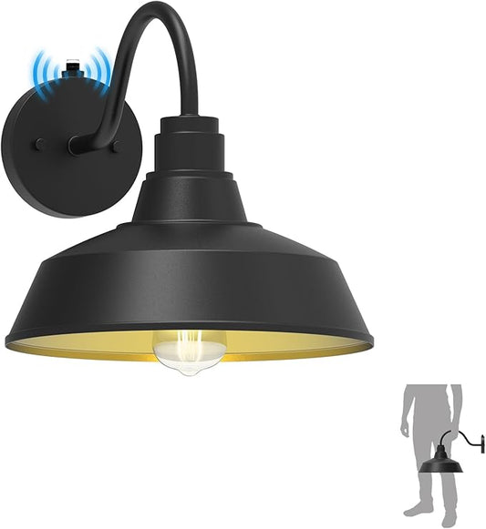 12.4" Dome Gooseneck Barn Light, Outdoor Anti-Rust&Waterproof Farmhouse Wall Sconce, Wall Lanterns for Porch/Patio, E26 Base 100W Max(Black 1-Pack Dusk to Dawn Outdoor Lighting)