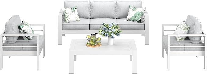 LayinSun Outdoor Aluminum Furniture Set, 4 Pieces Patio Sectional Conversation Chat Sofa Modern Seating Set with Coffee Table